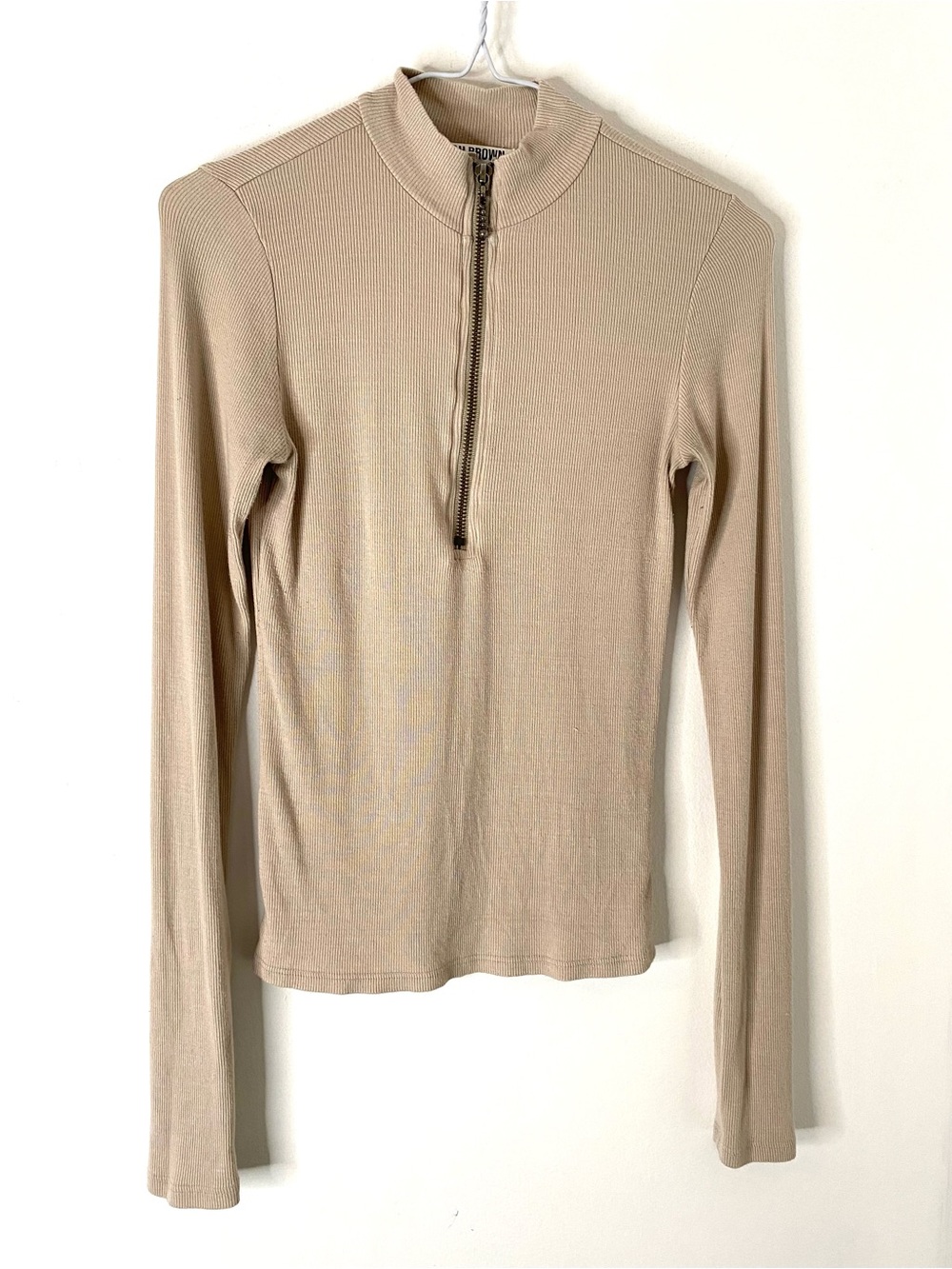 Joah Brown Half Zip Mock Neck Dune Beige Ribbed Long Sleeve Top